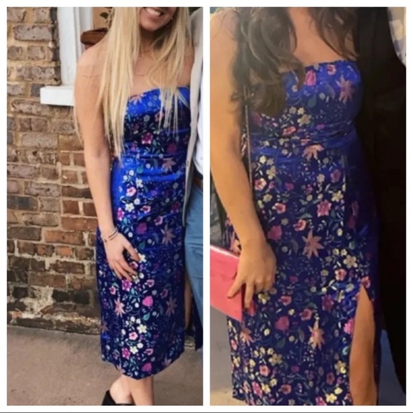 NWOT Lulus Make a Move Blue Satin Floral Jacquard Strapless Midi Dress - Picture 3 of 15